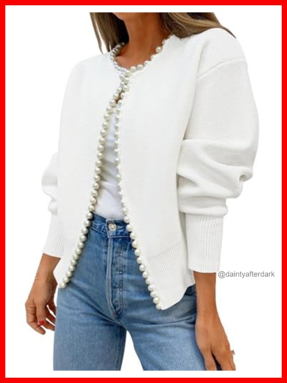 Pearl Trim Open Front Cardigan Sweater Knit Long Sleeve